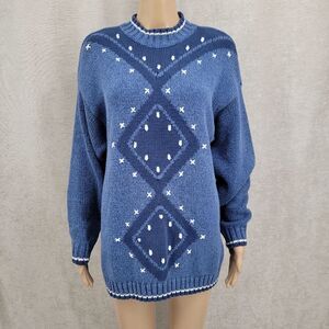 Liz Wear Vintage Blue Diamond Pattern Knit Sweater